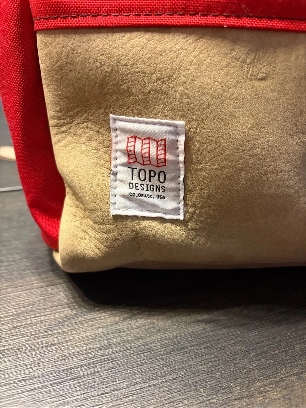 Topo Designs Daypack Backpack Red Khaki Leather EUC